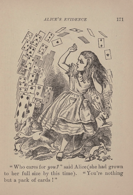 Alice being attacked by a deck of cards.